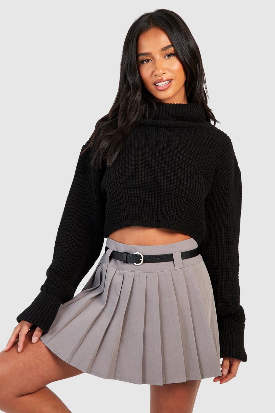 Grey Petite Belt Detail Pleated Woven Mini Skirt  image number 1