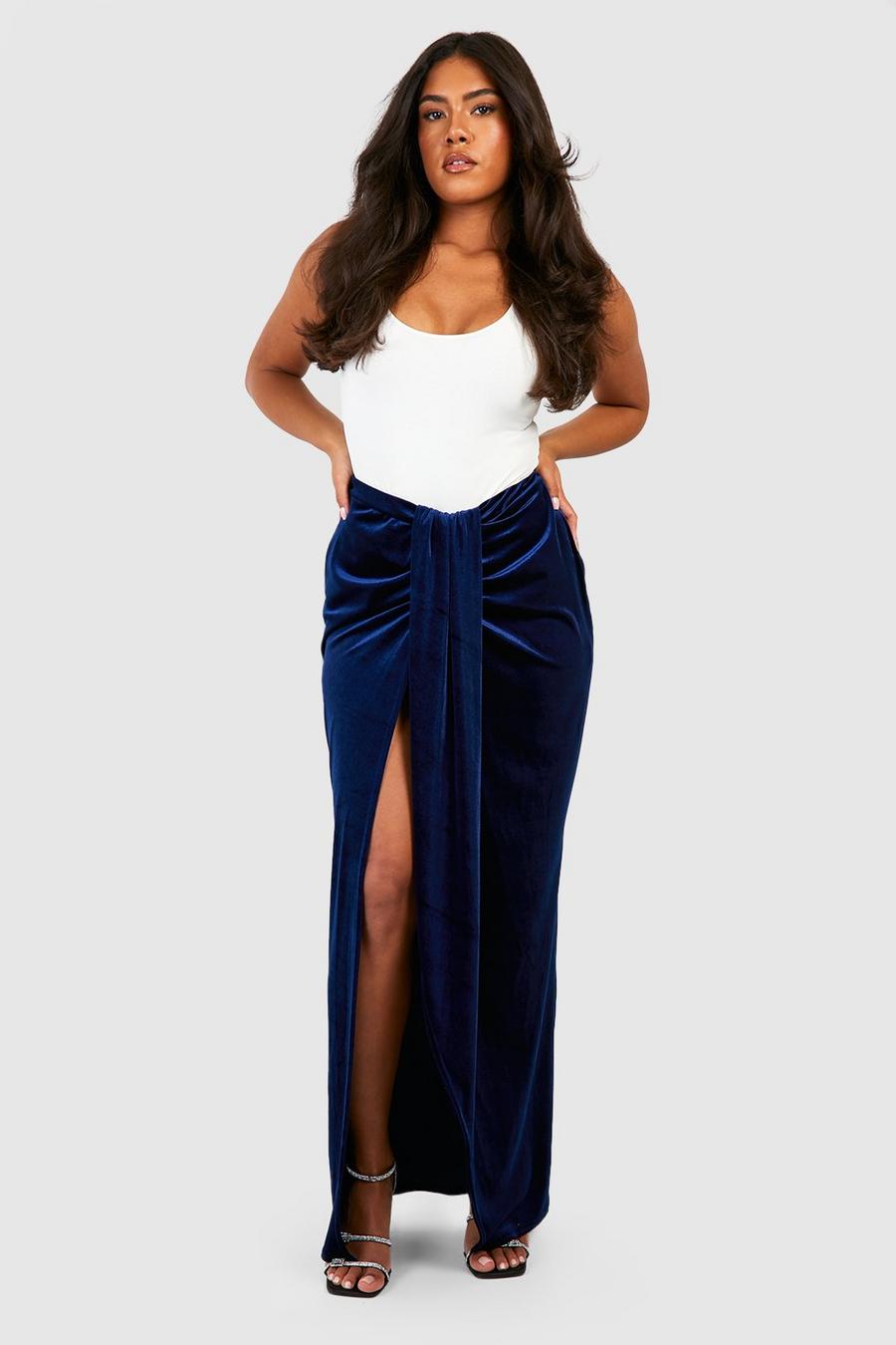 Navy Plus Velvet Drape Wrap Maxi Skirt image number 1