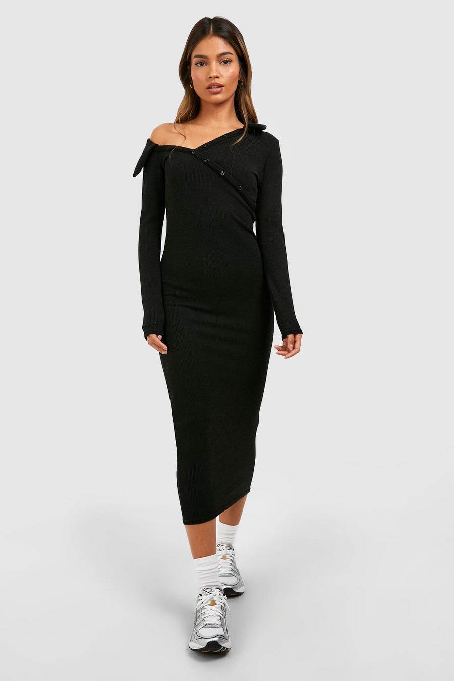 Black Soft Rib Asymetric Collar Midi Dress