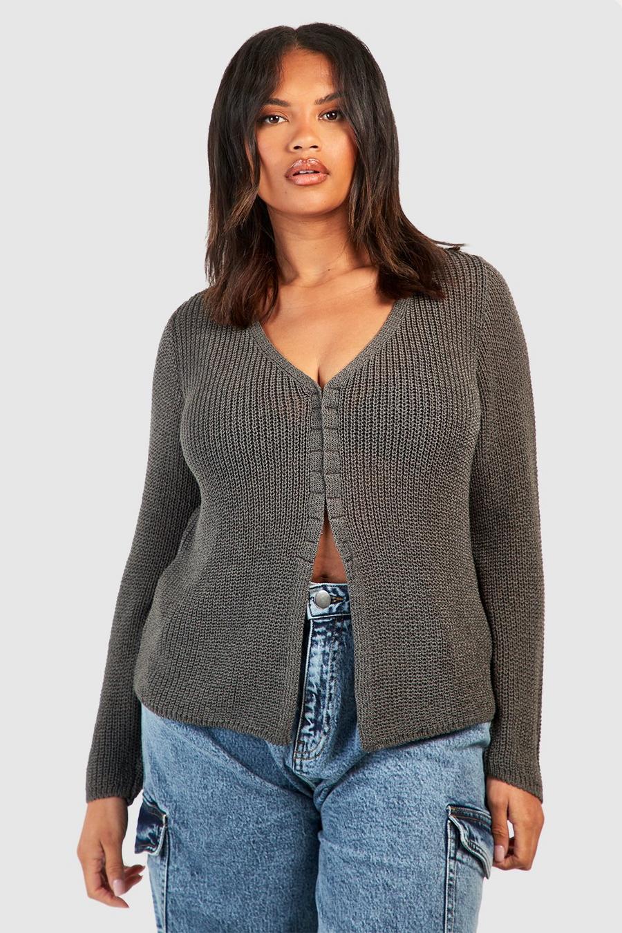 Charcoal Plus Long Sleeve Hook And Eye Knitted Top
