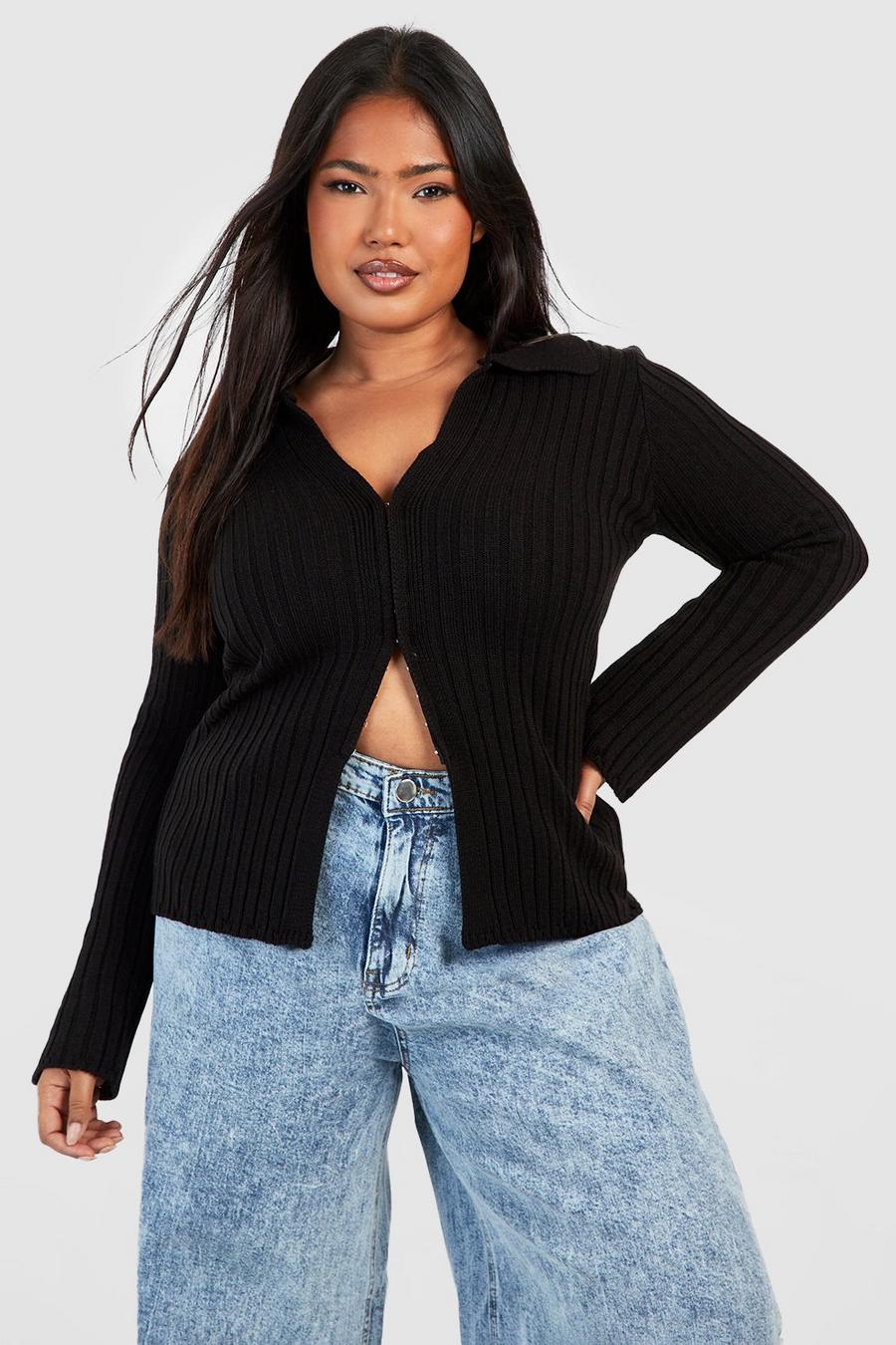 Black Plus Long Sleeve Hook And Eye Knitted Collared Top