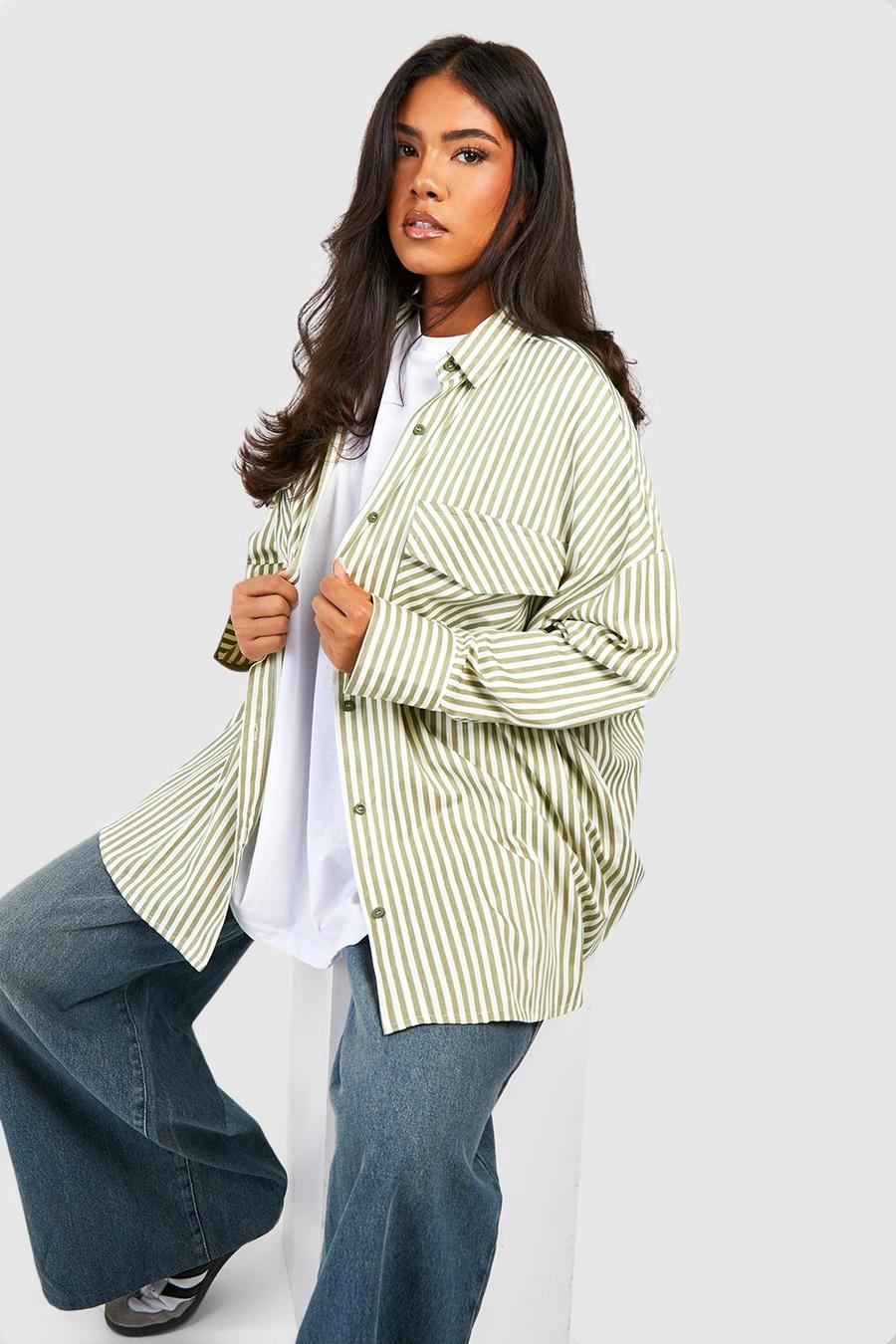 Camicia Plus Size oversize a righe stile Utility, Khaki