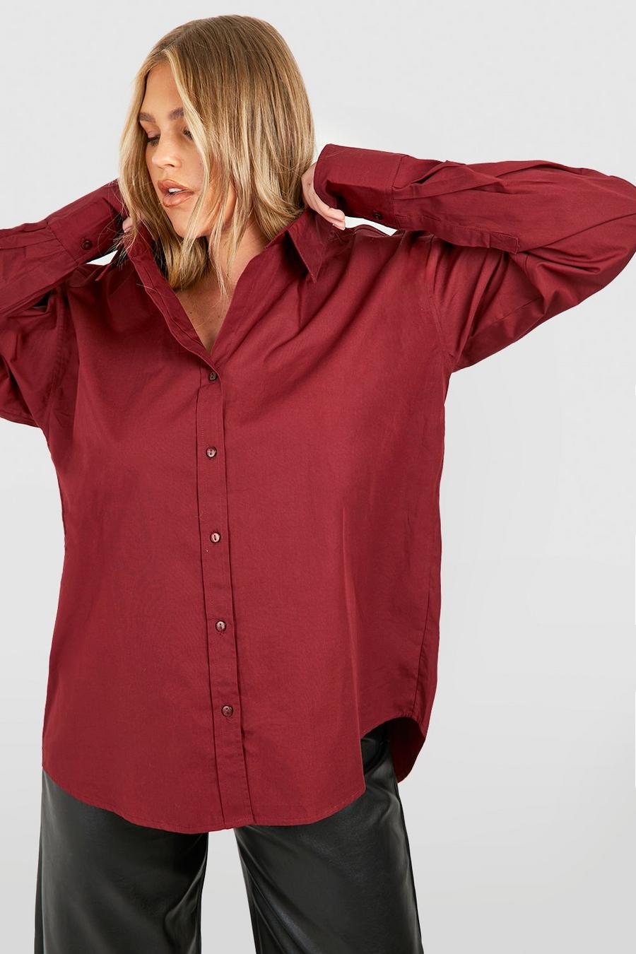 Plus Oversize Baumwoll-Hemd, Burgundy