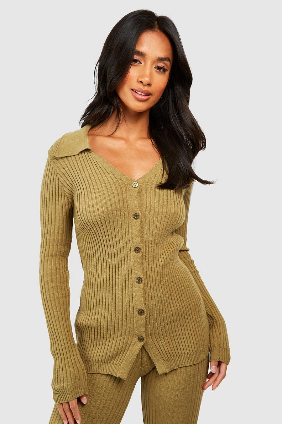 Olive Petite V Neck Knitted Rib Long Sleeve Top 