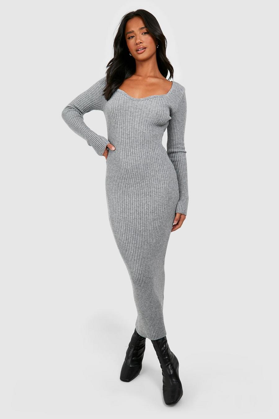 Grey Petite Knit Long Sleeve Midi Dress image number 1