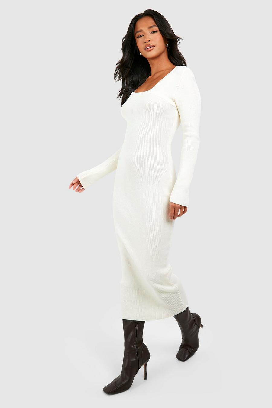 Cream Petite Knit Long Sleeve Seam Detail Midi Dress