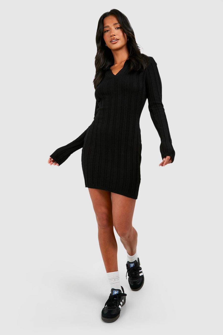 Black Petite Jumbo Rib Collared Mini Dress