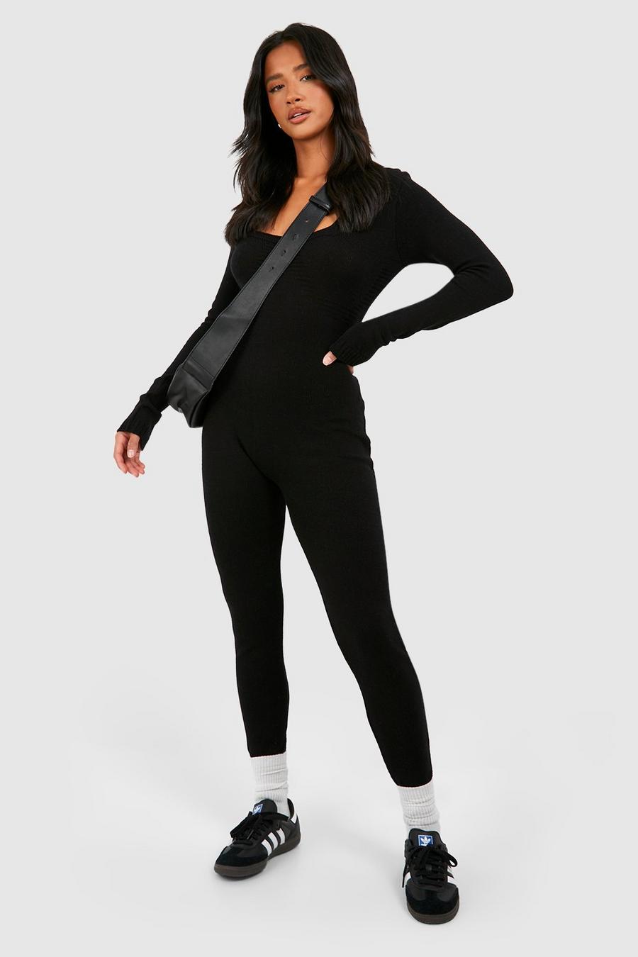 Black Petite Stickad jumpsuit med låg urringning