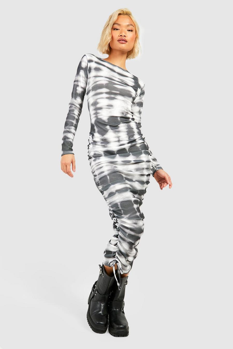 Grey Printed Ruched Detail Ribbed Midi Dress image number 1
