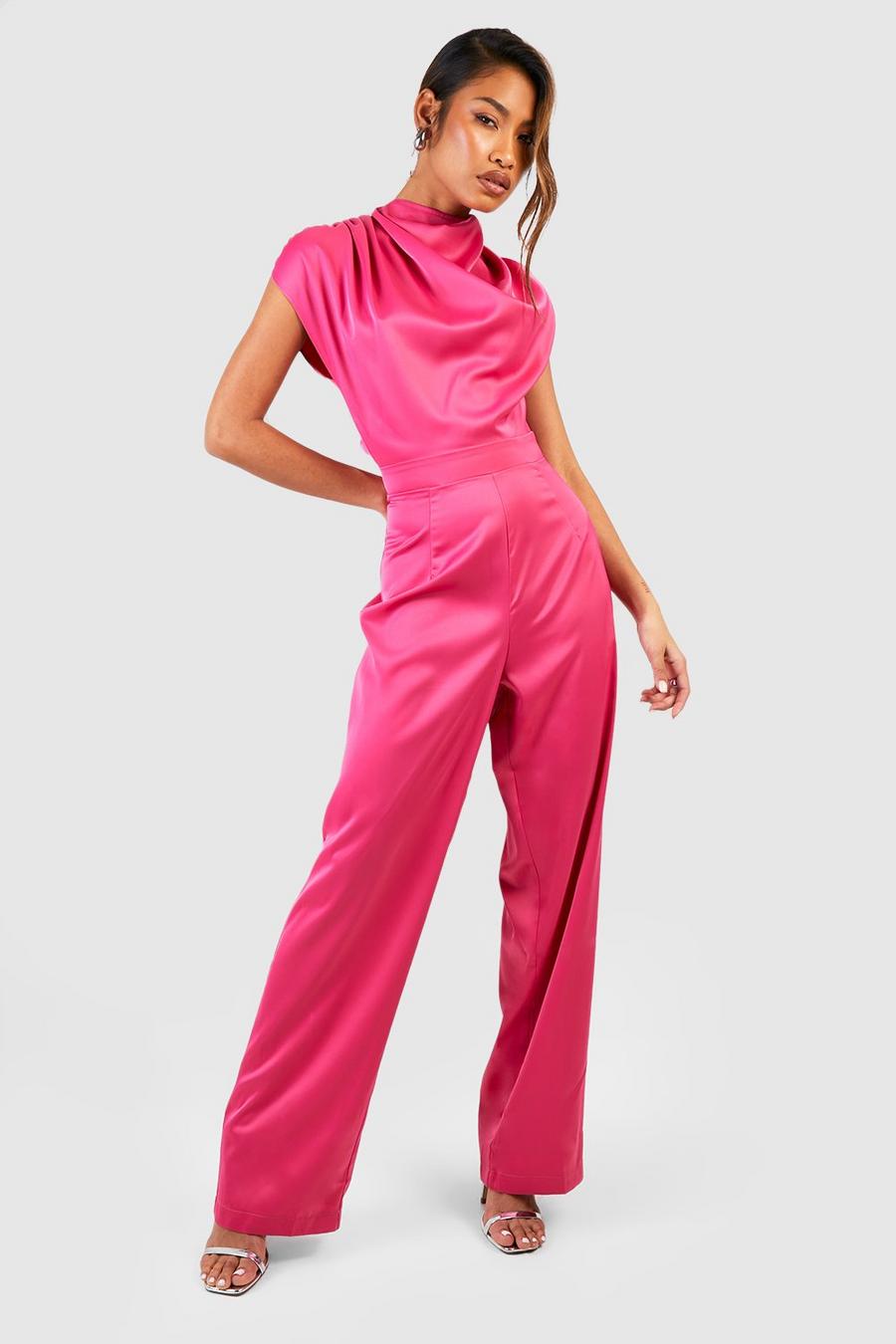 Mono largo de raso drapeado estilo blusón, Hot pink