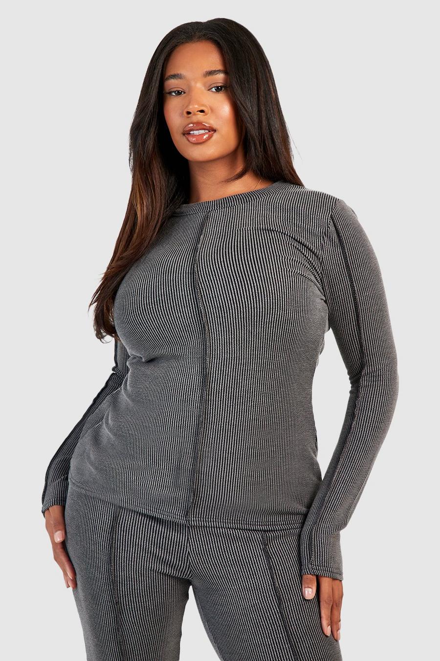 Charcoal Plus Washed Seam Detail Crew Neck Top