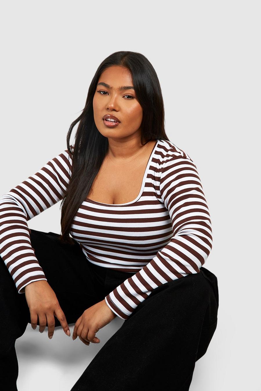 Chocolate Plus Square Neck Stripped Long Sleeve Top  image number 1
