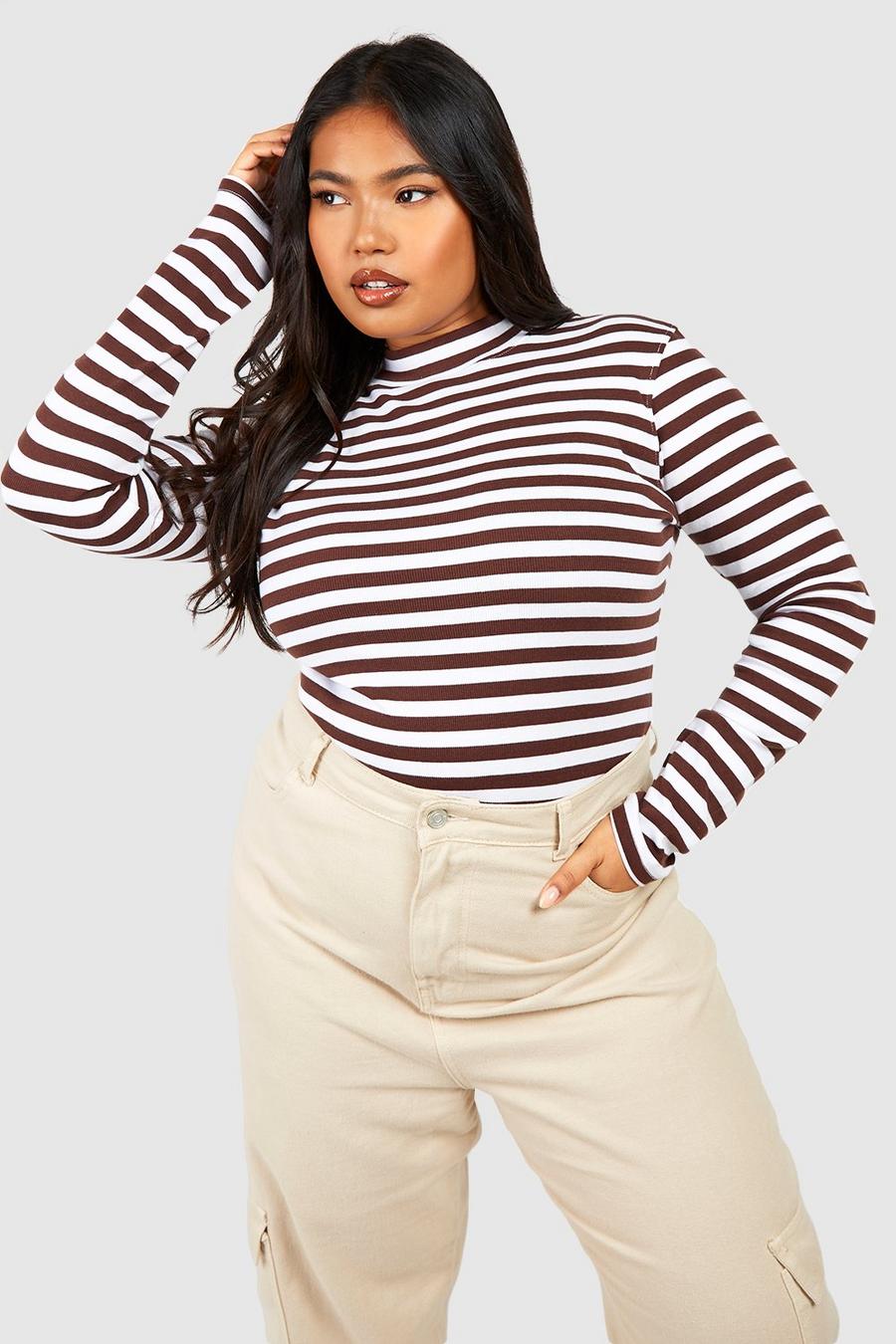 Chocolate Plus High Neck Long Sleeve Stripped Top 