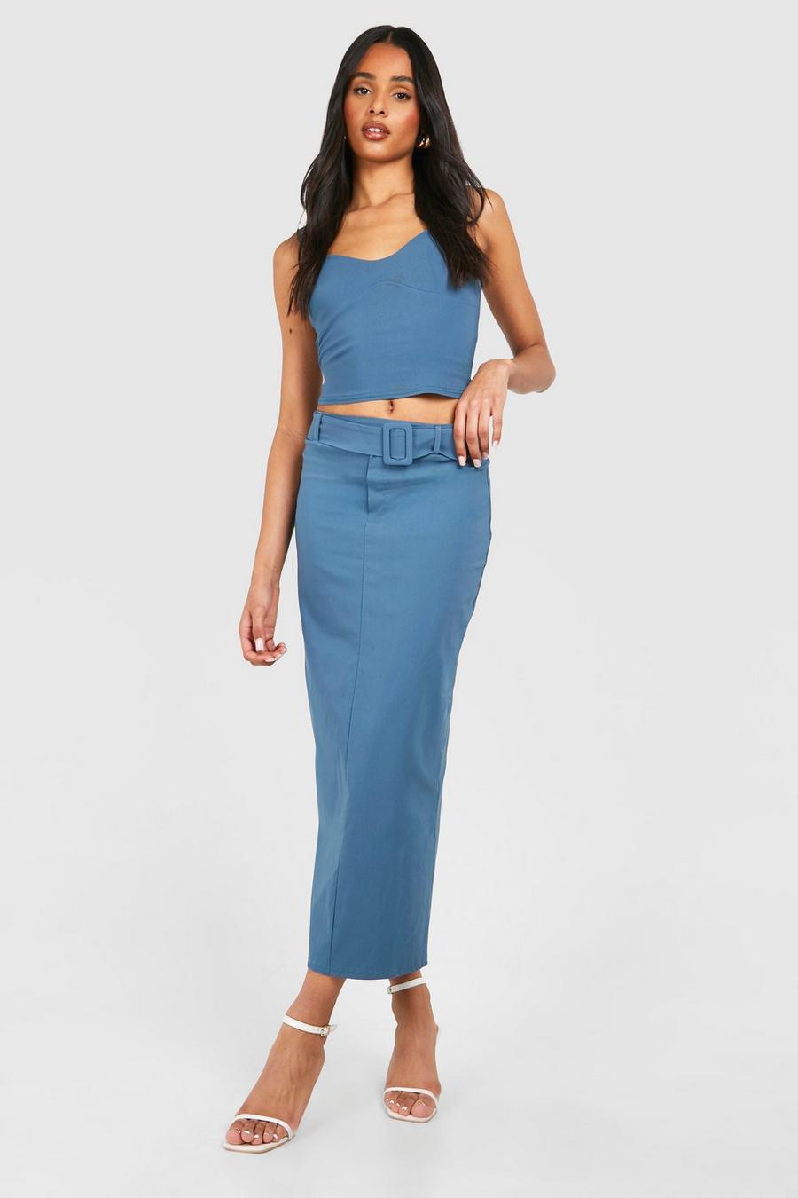 Petrol Tall Self Belt Split Back Midi Skirt