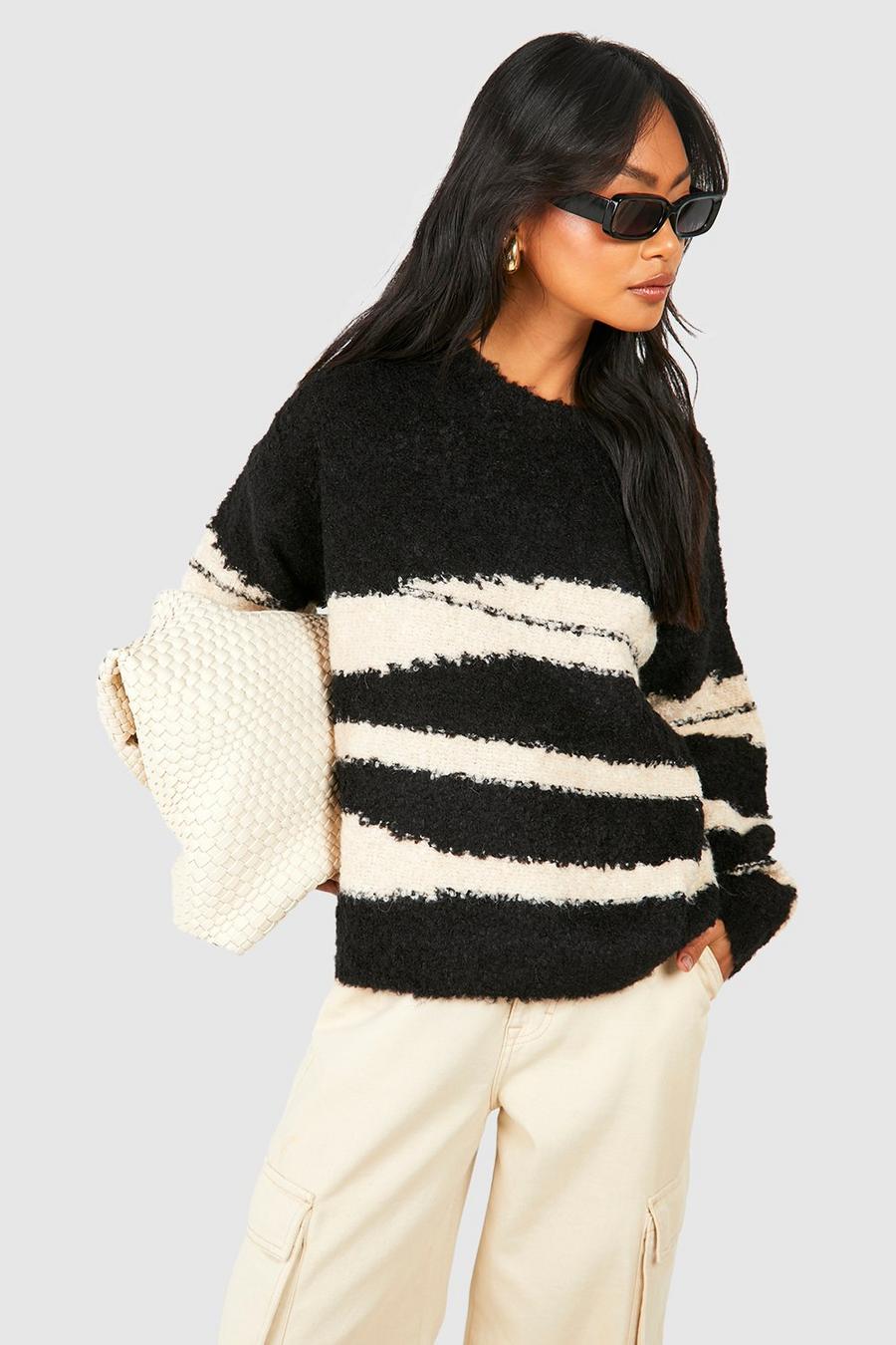 Black Soft Knit Abstract Stripe Overszied Sweater image number 1