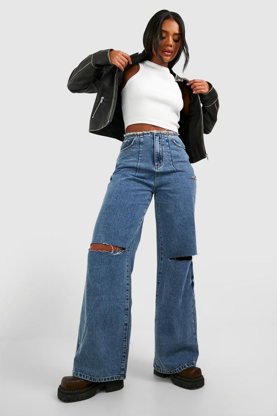 Vintage wash Thigh Ripped Straight Leg Jeans 
