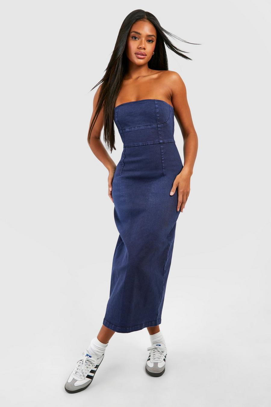 Robe longue en jean à col bandeau, Indigo