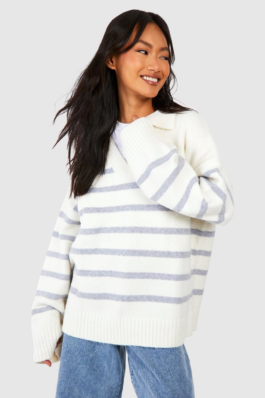 Ivory Soft Knit Stripe Polo Collar Sweater