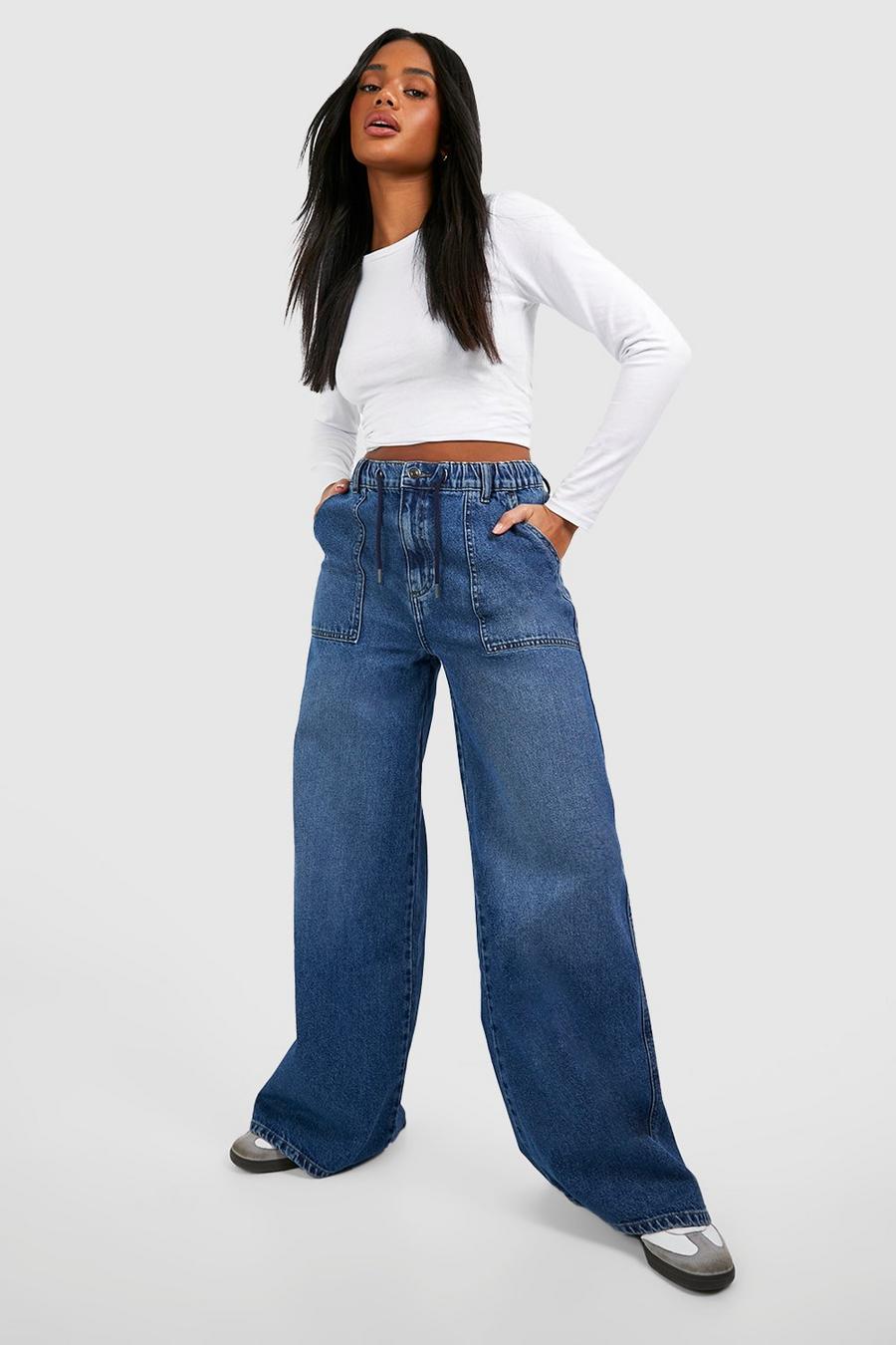 Mid blue Jeans med vida ben och elastiskt midjeband image number 1