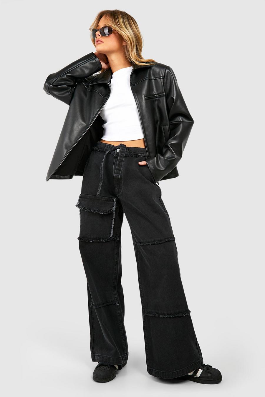 Cargo-Jeans mit ausgefranstem Naht-Detail, Washed black