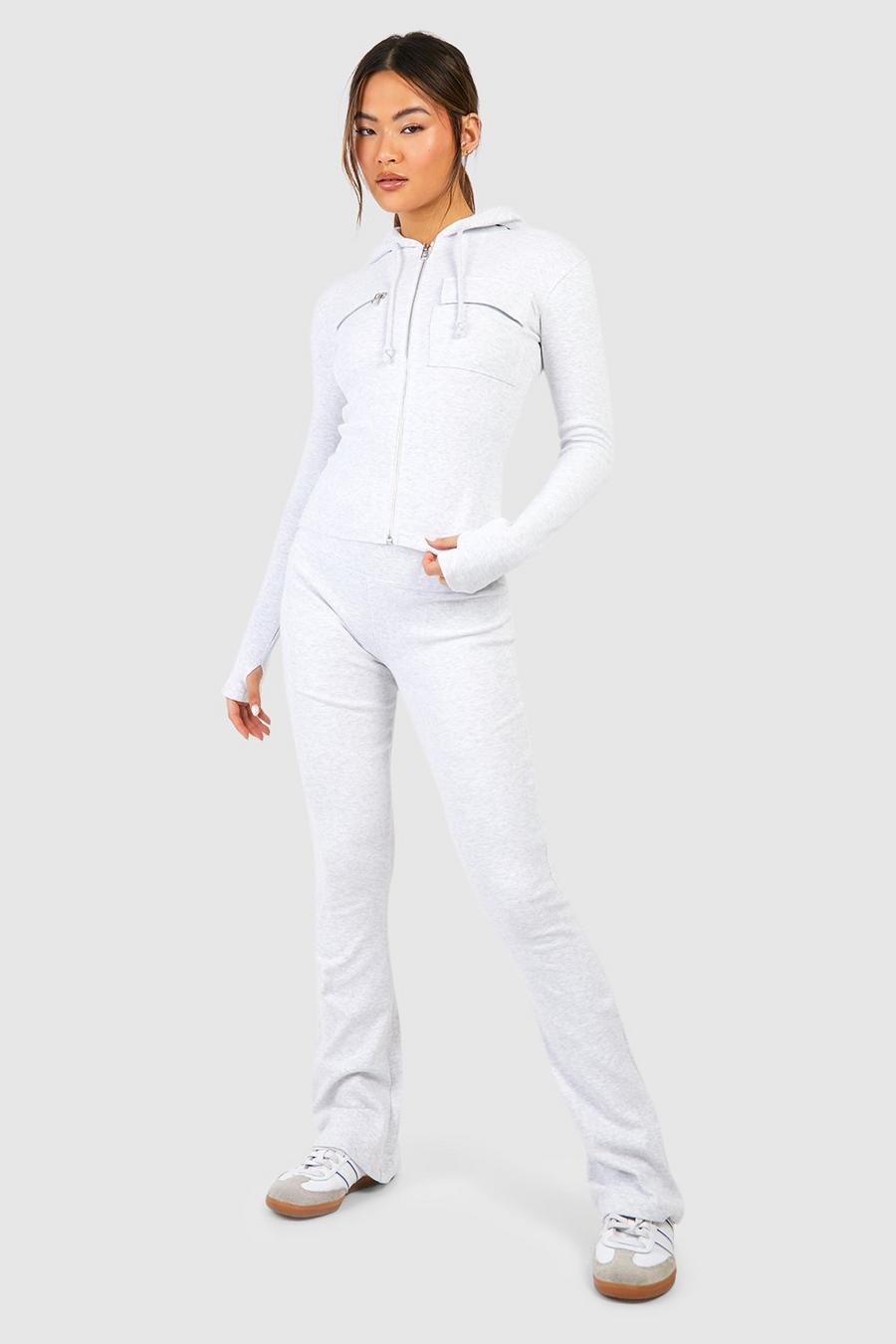 Ash grey Premium Rib Zip Through Hoodie And Yoga Pant Set