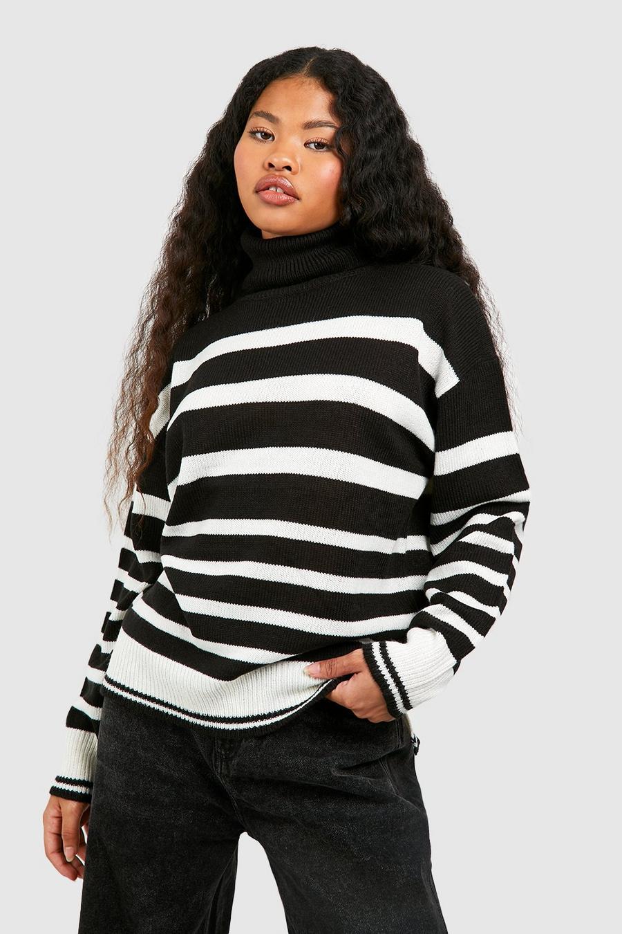 Black Petite Stripe Turtleneck Sweater image number 1