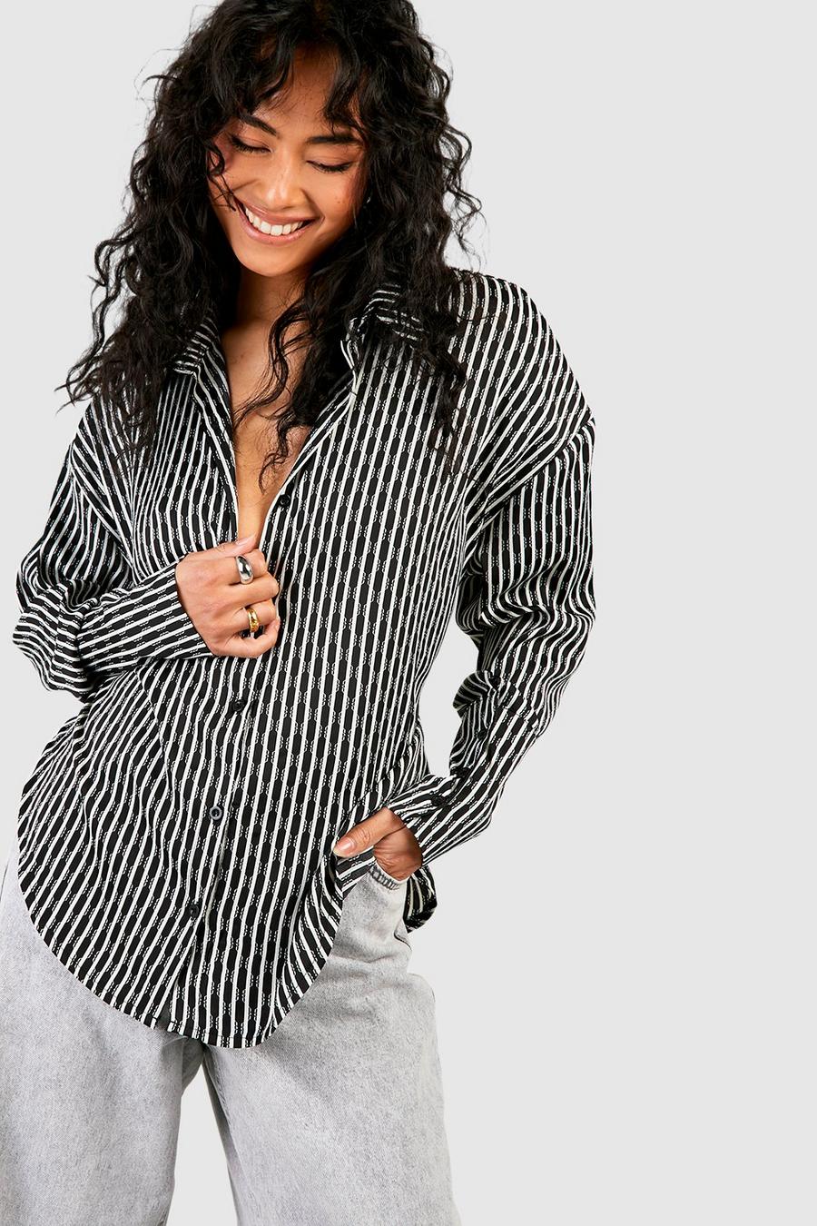 Black Satin Geo Stripe Deep Cuff Shirt