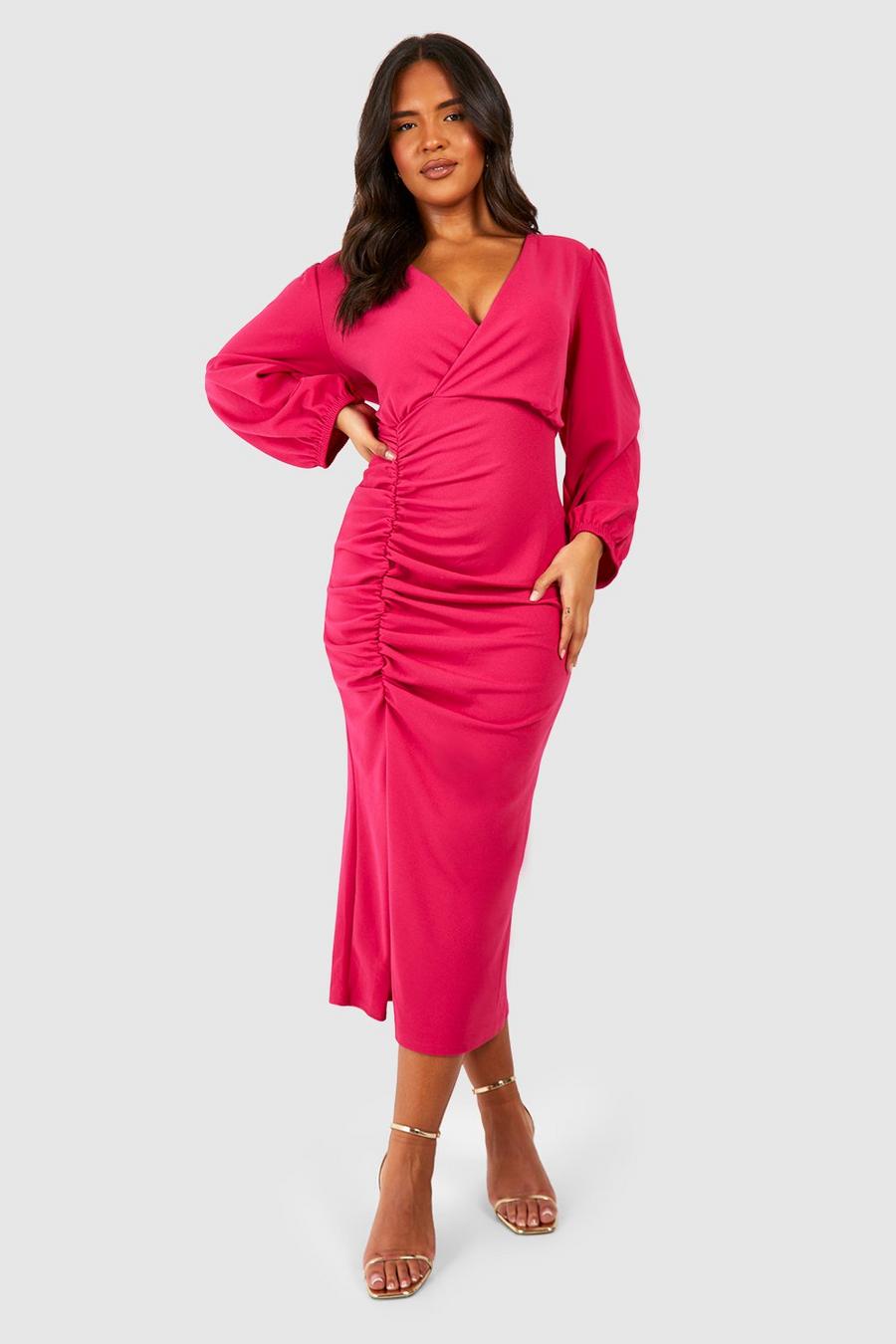 Hot pink virgin-wool Rouched Wrap Midi Dress