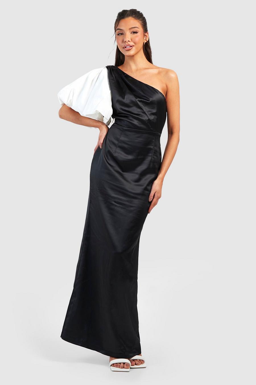Black Långklänning med puffärm i kontrastfärger image number 1