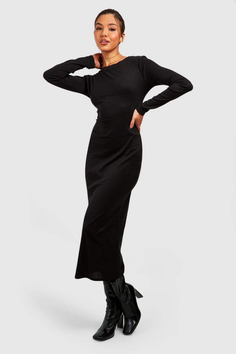 Black Wide Rib Midi Dress