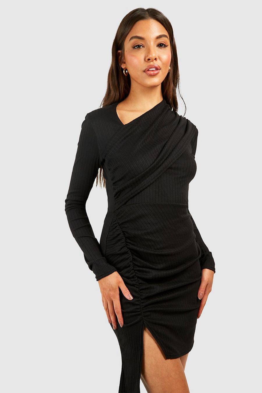 Black Wide Rib Ruched Mini Dress