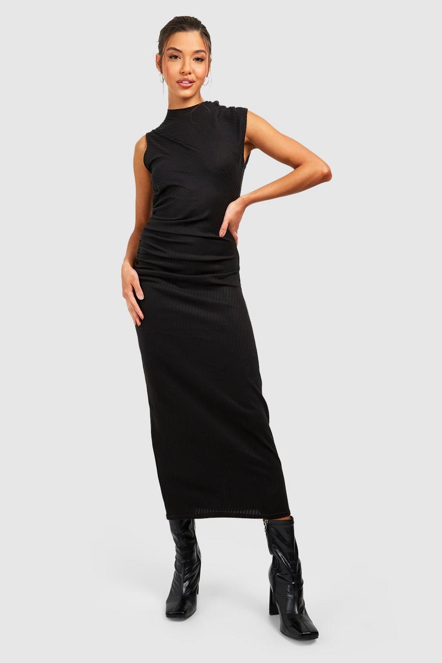 Black Wide Rib Ruched Midi Dress