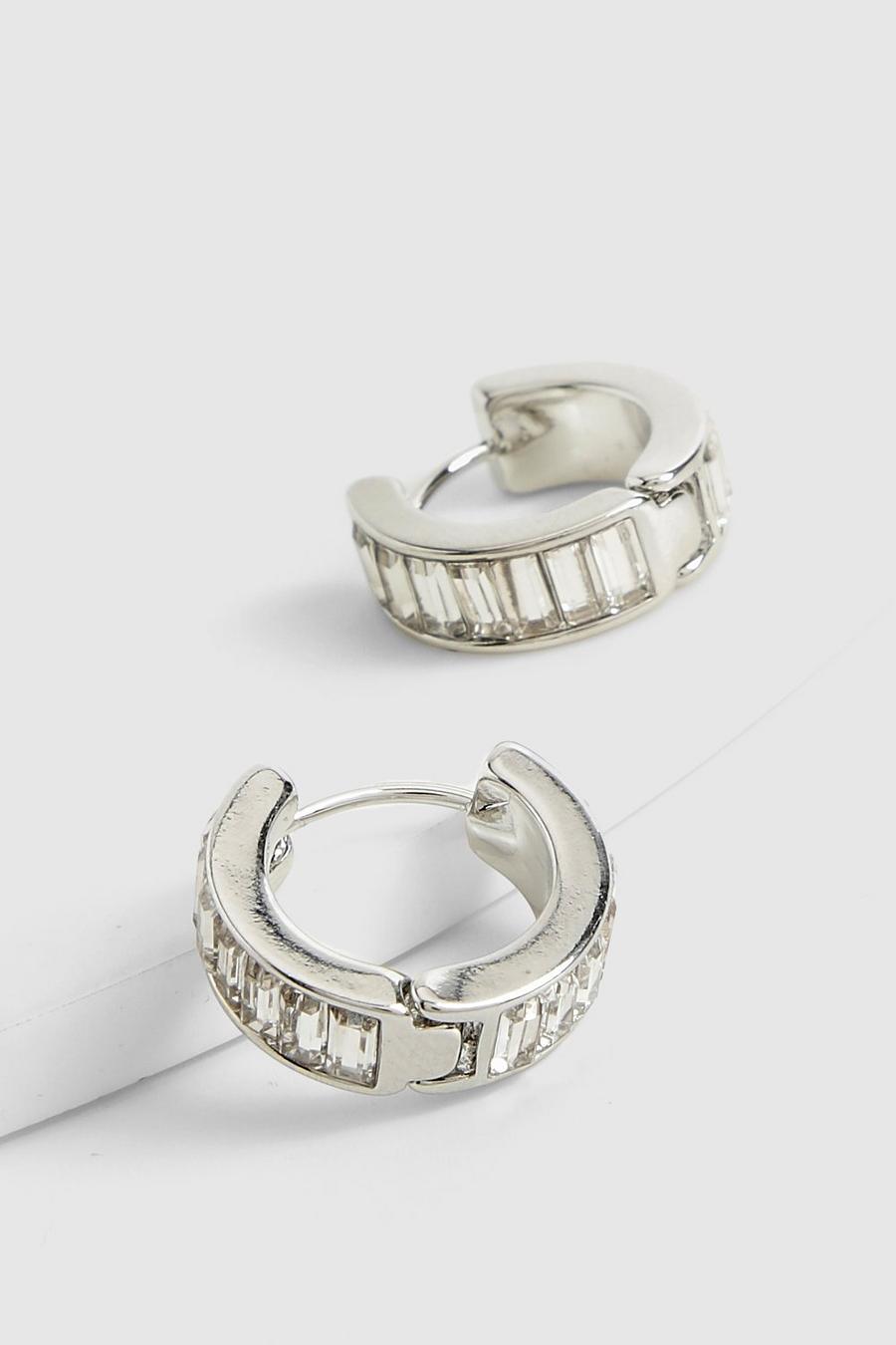 Silver Mini Rhinestone Baguette Hoops