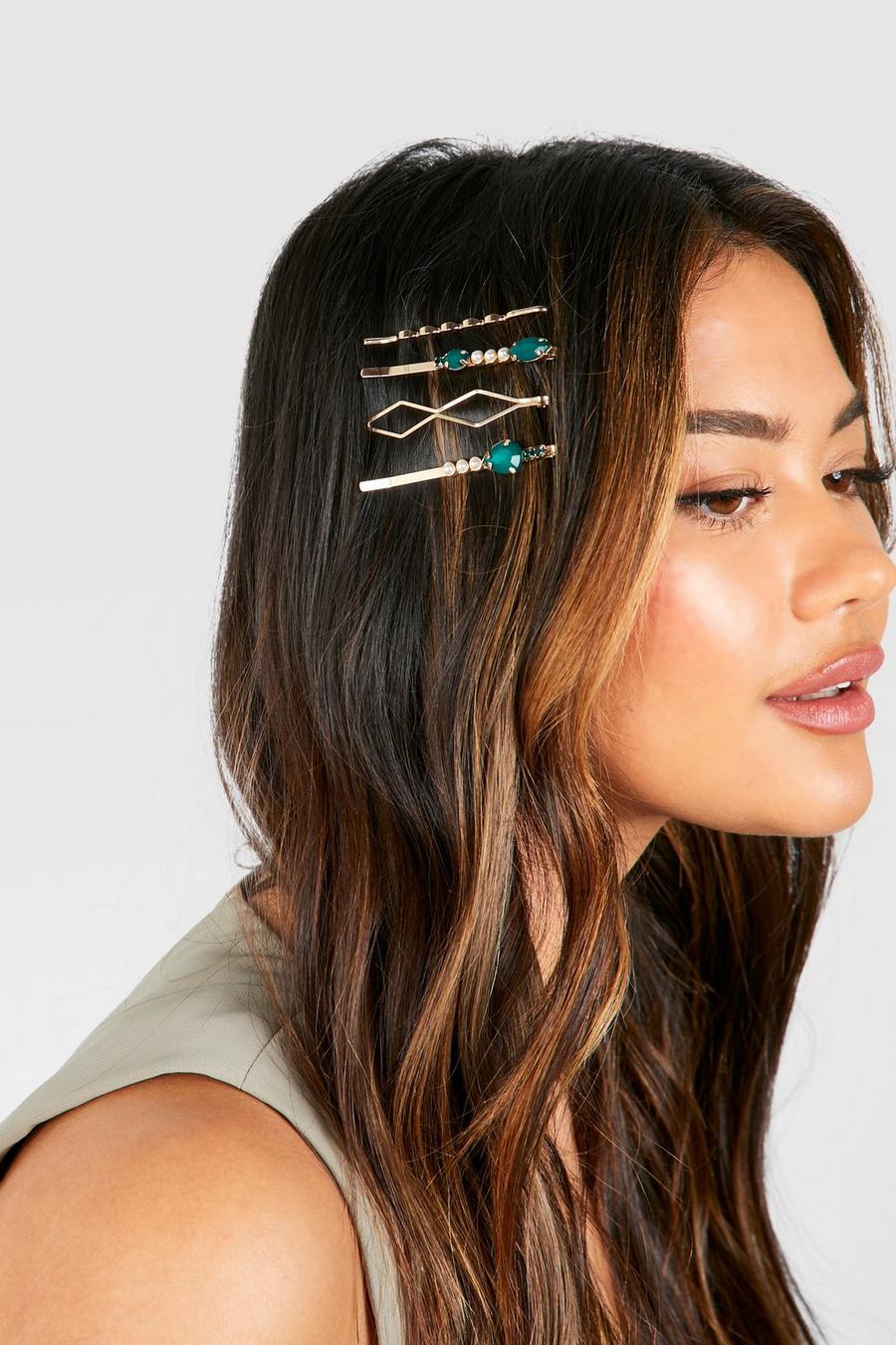 Gold Multipack Emerald Hair Clips