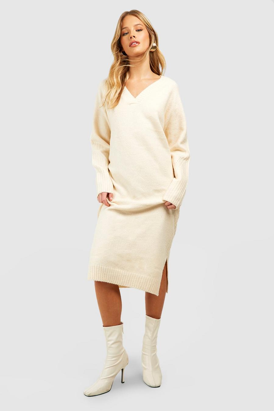 White Rib Detail Soft Knit Midi Dress