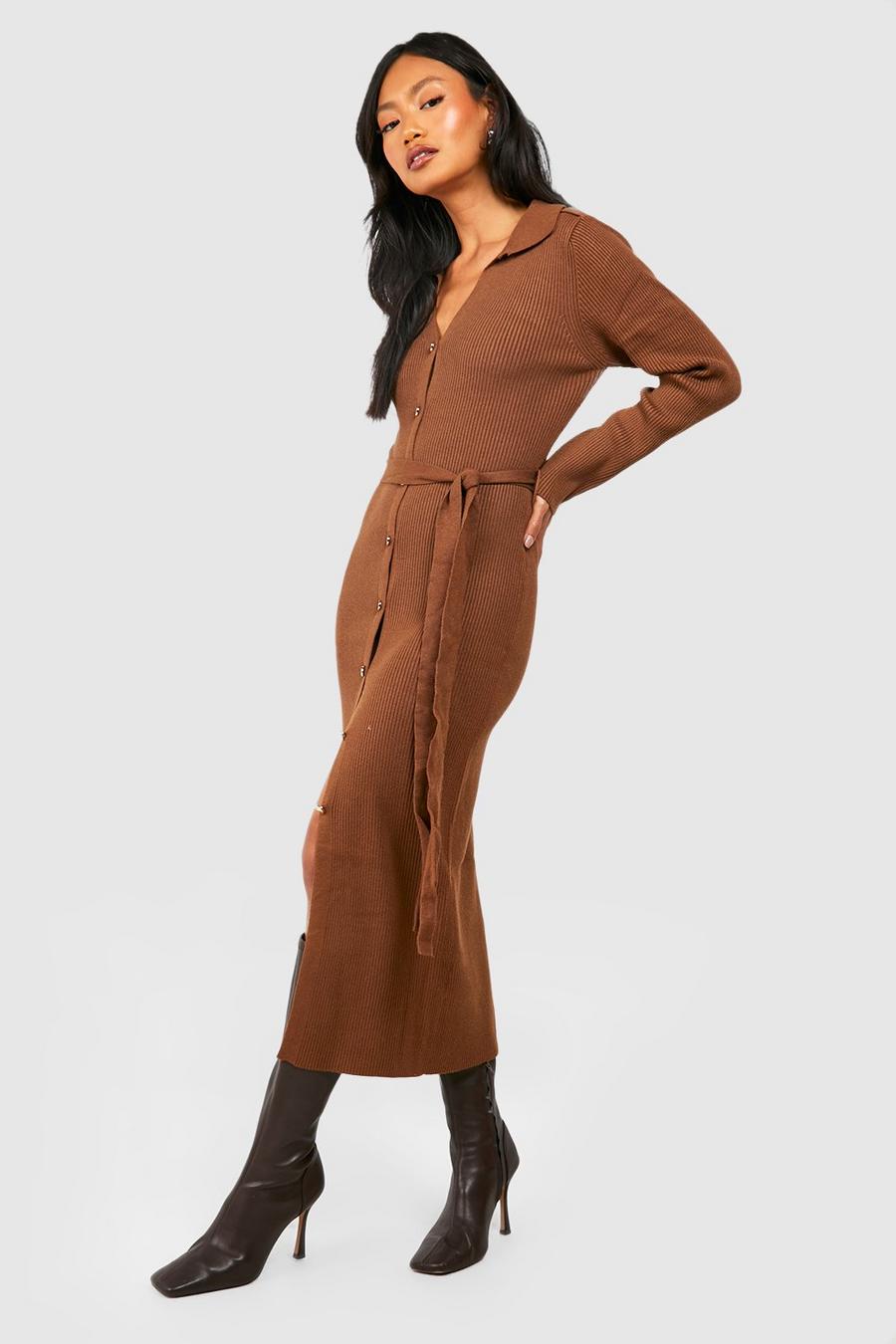 Brown Button Front Knitted Midi Dress