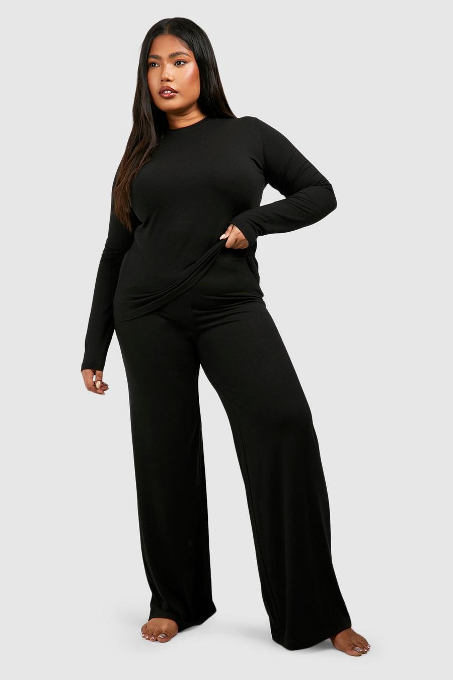 Black Plus Super Soft Long Sleeve Top & Trouser Pj Set