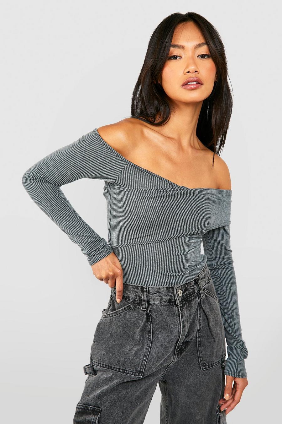 Charcoal Textured Rib Off The Shoulder Bodysuit image number 1
