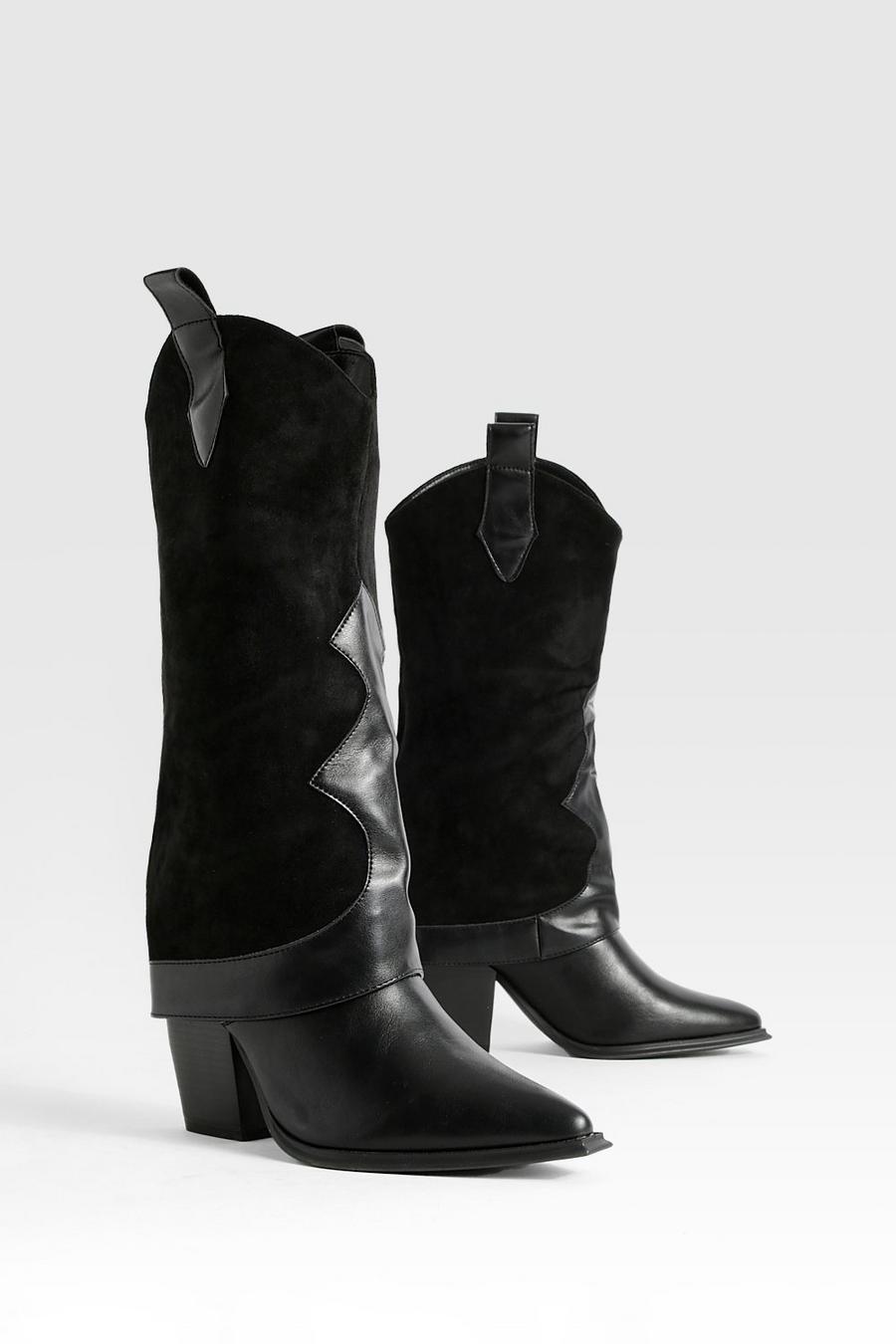 Black Knee High Fold Over Western Cowboy Boots 
