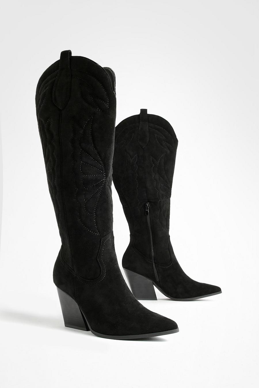 Black Embroidered Detail Western Cowboy Boots image number 1