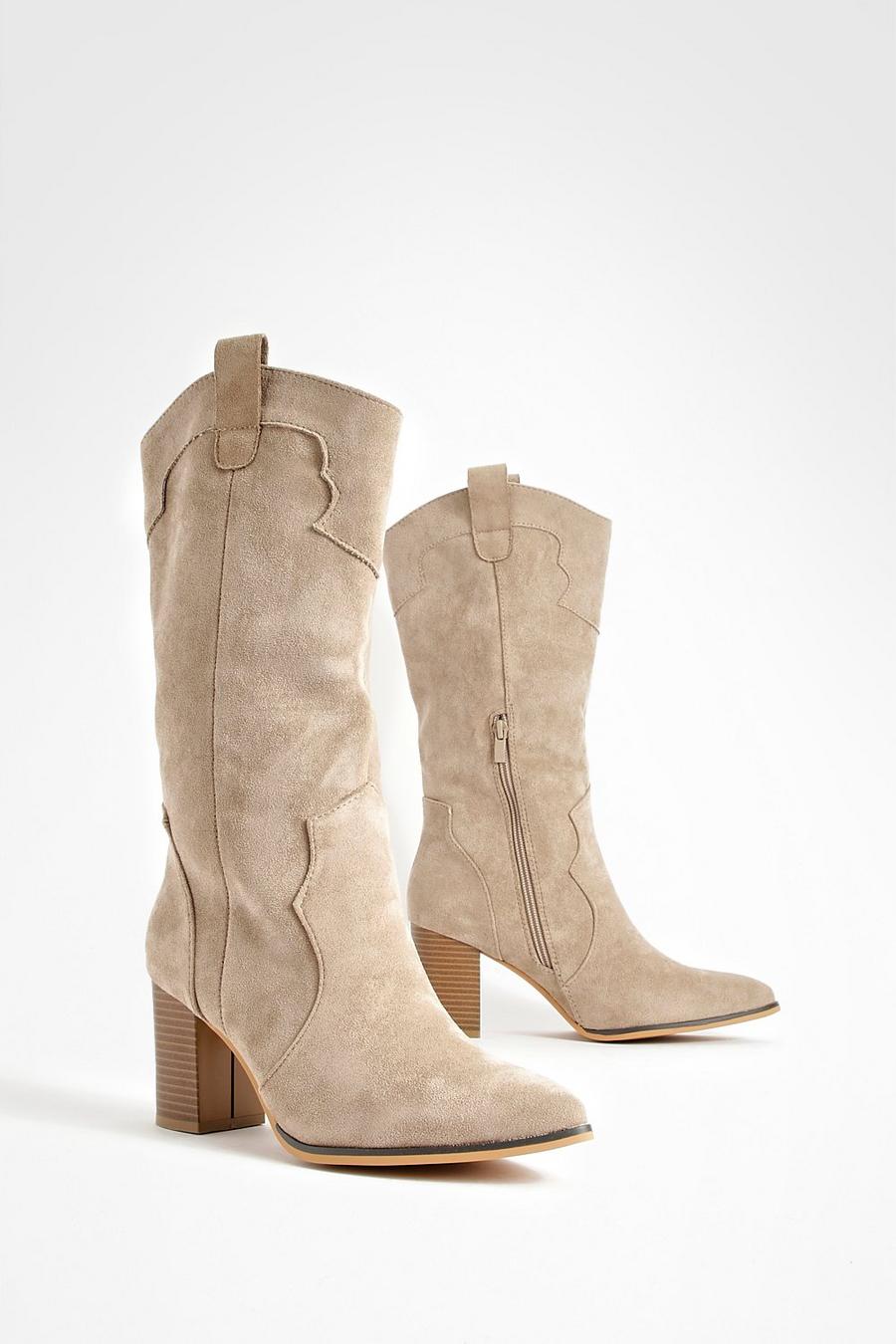 Taupe Tab Detail Knee Western Cowboy Boots 
