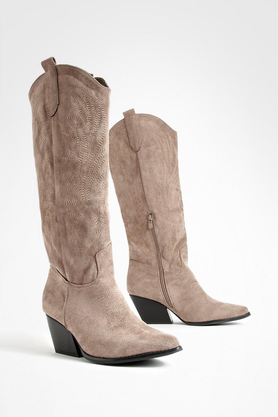 Taupe Embroidered Knee High Western Cowboy Boots  