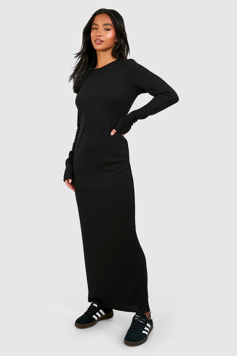 Black Petite Round Neck Long Sleeve Maxi Dress 
