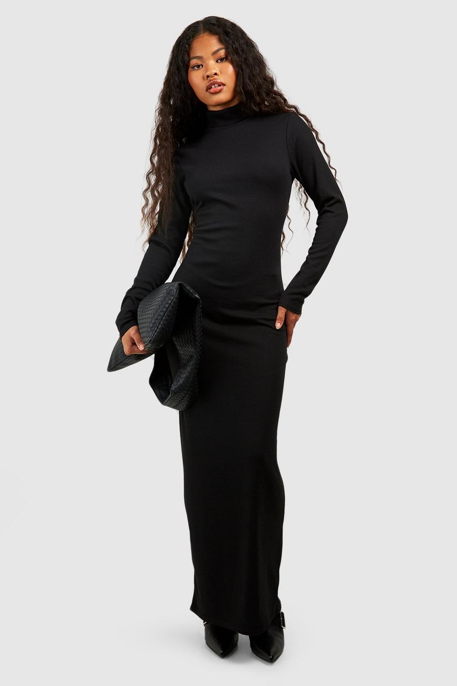 Black Petite Roll Neck Long Sleeve Maxi Dress 