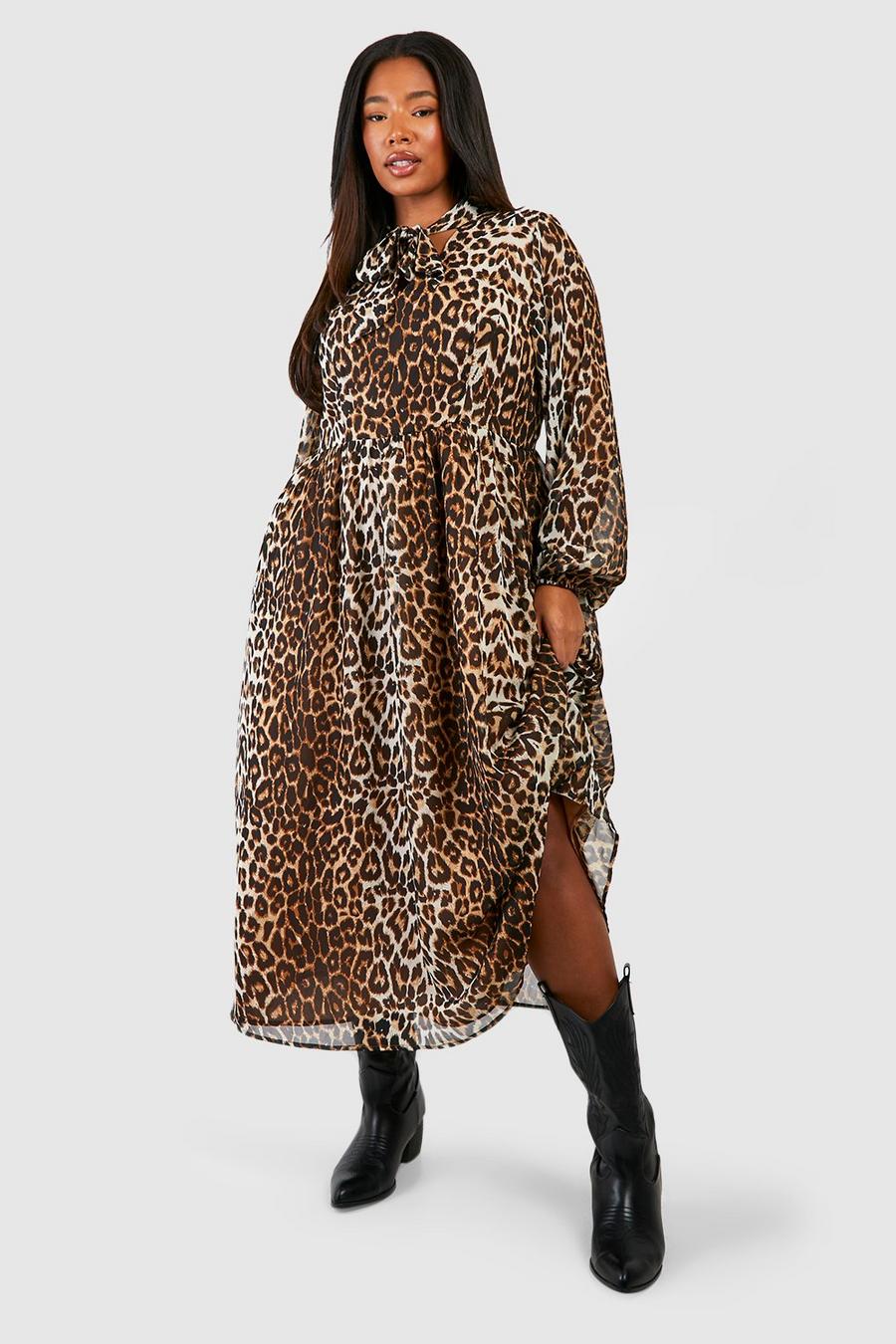 Vestito longuette Plus Size in chiffon color leopardato con fiocco al collo, Leopard
