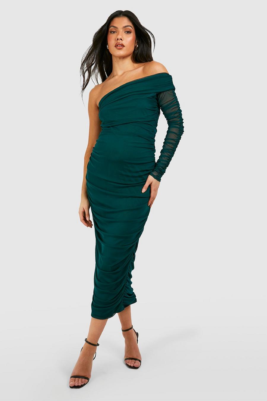 Forest Maternity Mesh One Shoulder Ruched Midi Dress