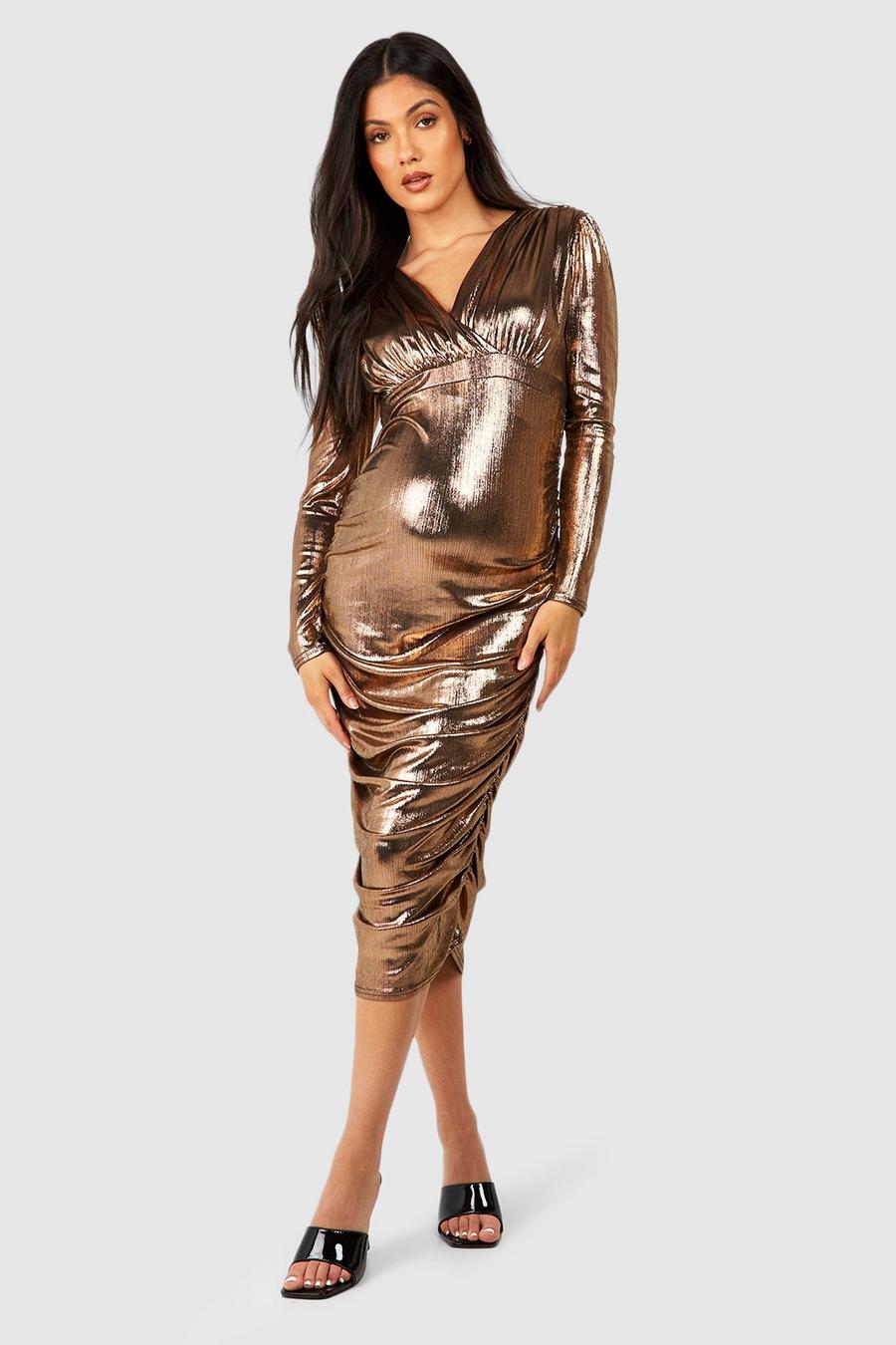 Bronze Maternity Metallic Long Sleeve Ruched Wrap Midi Dress