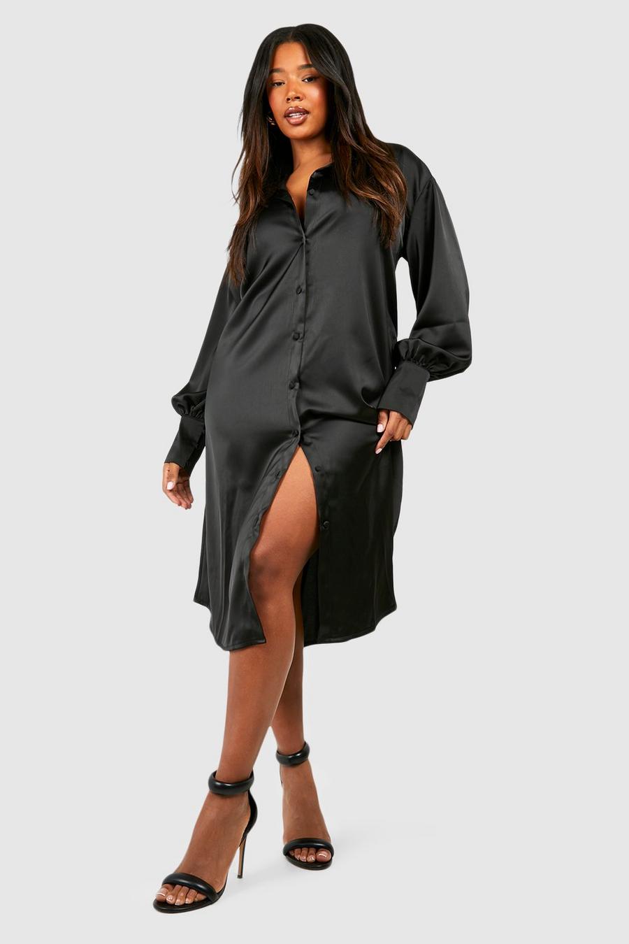Black Plus Satin Midi Shirt Dress image number 1