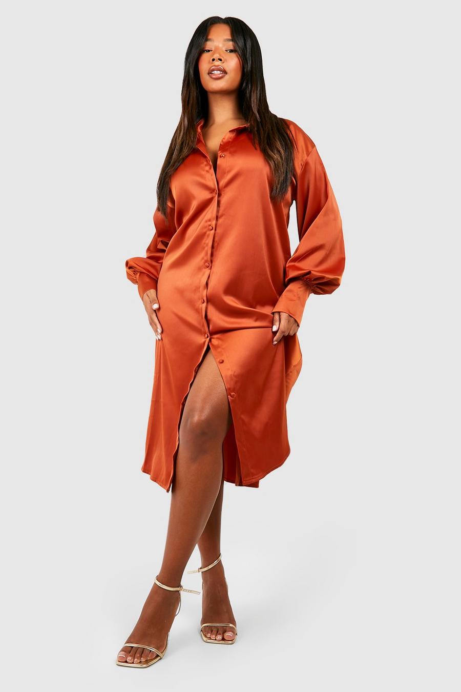 Burnt orange Plus Knälång skjortklänning i satin image number 1