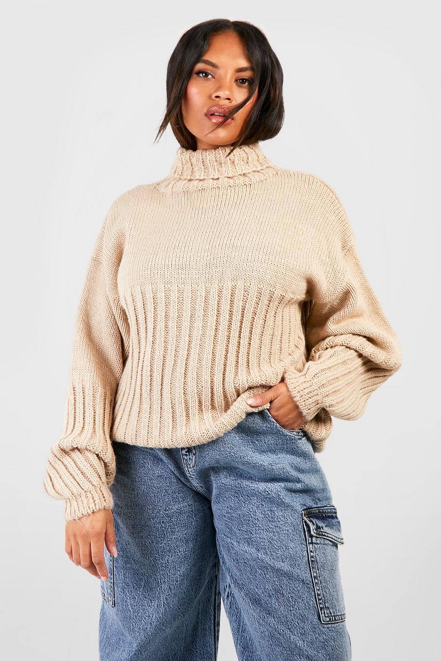 Stone Plus Ribbed Detail Chunky Jumper 